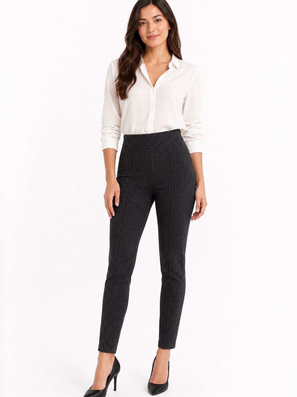 Daily Ritual Ponte Knit Chevron Print Seamed-Front Slim Fit Office Pants Size M
